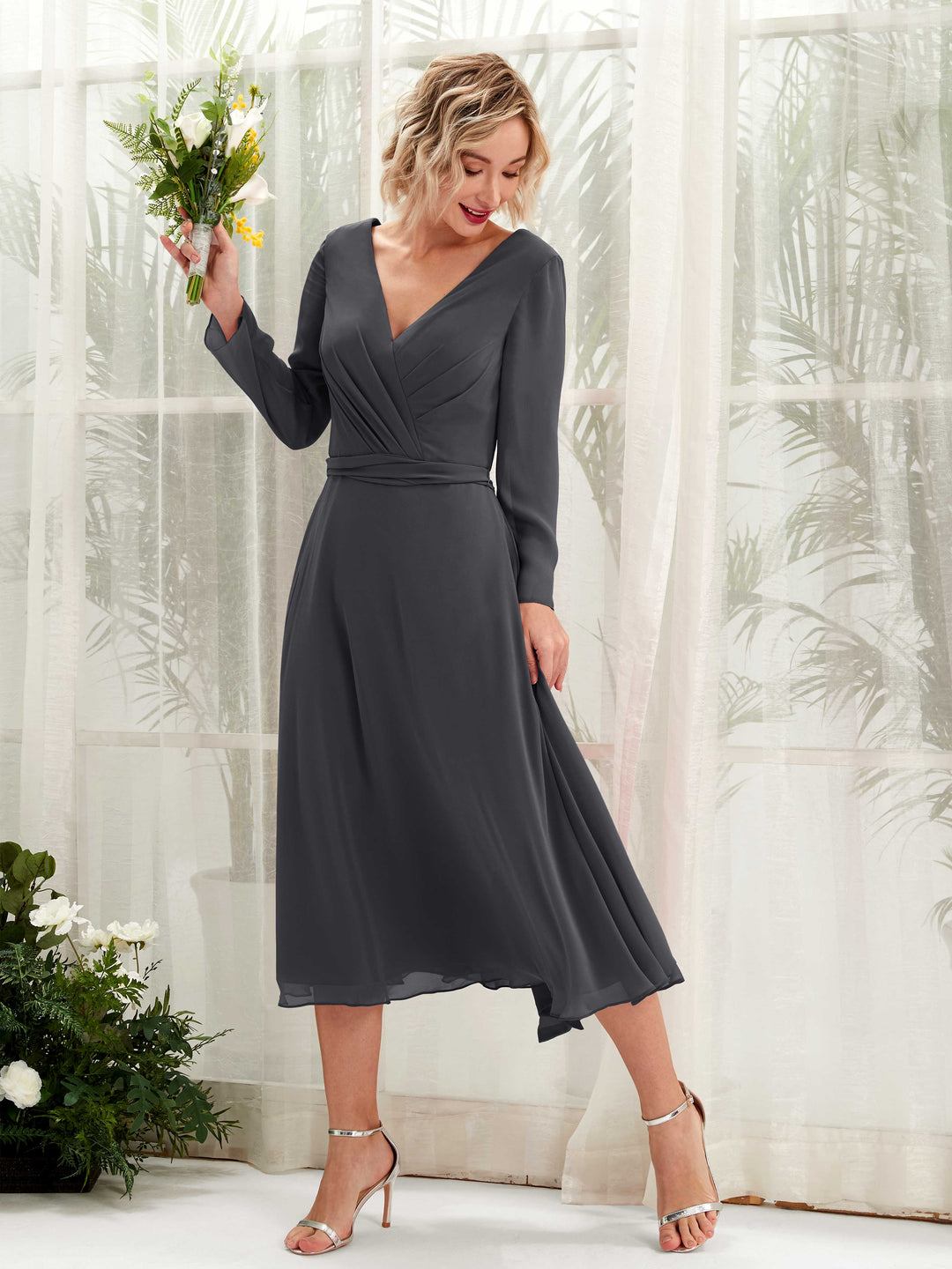 Carlyna Robe trapèze Col V Manches longues Longueur mollet Robe de demoiselle d&