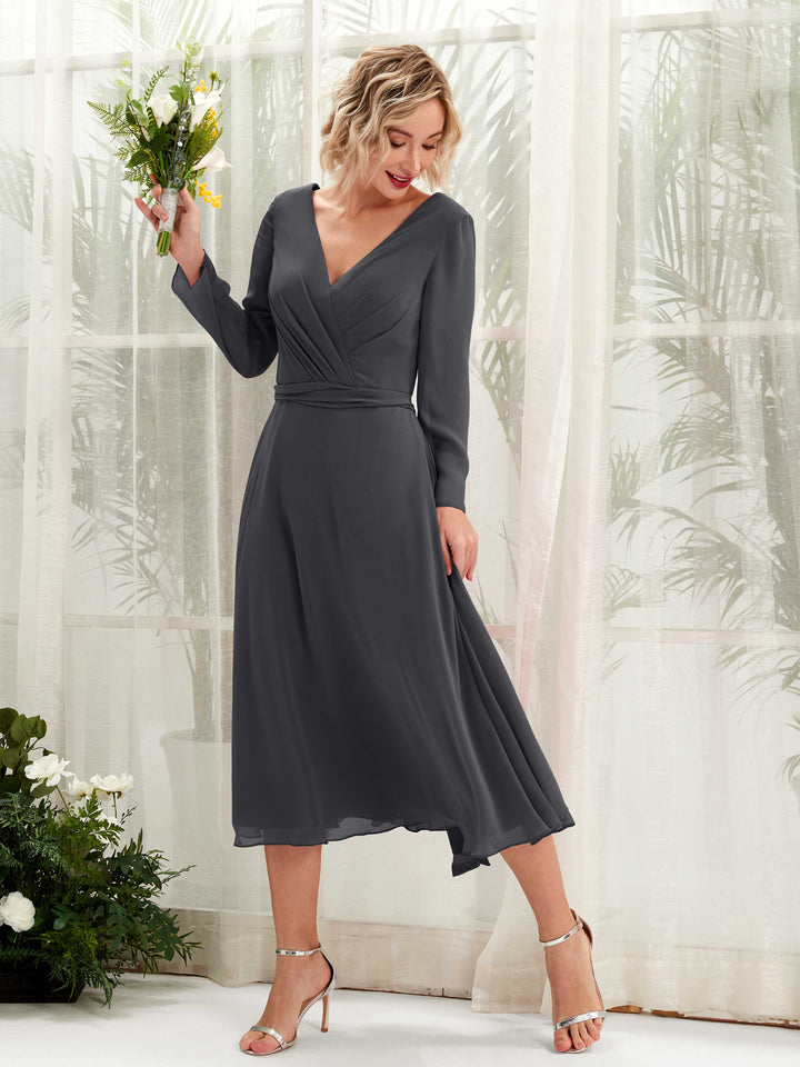 Carlyna Robe trapèze Col V Manches longues Longueur mollet Robe de demoiselle d&