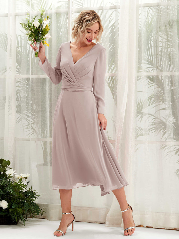 Carlyna Robe trapèze Col V Manches longues Longueur mollet Robe de demoiselle d&