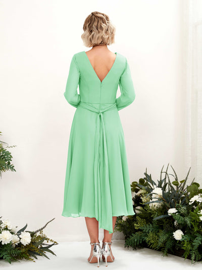 Carlyna Robe trapèze Col V Manches longues Longueur mollet Robe de demoiselle d'honneur Vert Menthe #couleur_vert-menthe