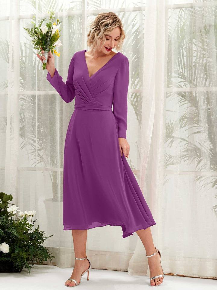 Carlyna Robe trapèze Col V Manches longues Longueur mollet Robe de demoiselle d&