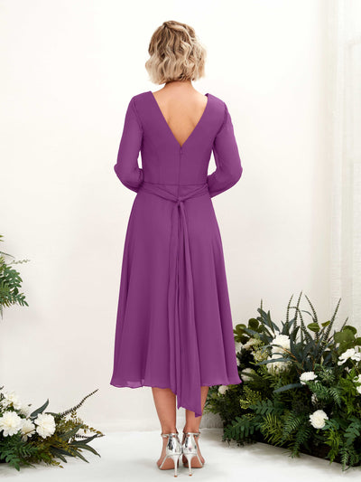 Carlyna Robe trapèze Col V Manches longues Longueur mollet Robe de demoiselle d'honneur Violet #couleur_violet