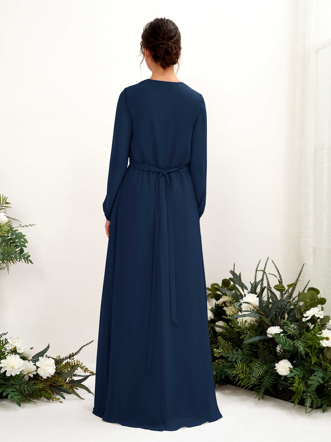 Carlyna Robe trapèze col V manches longues longueur ras du sol demoiselle d'honneur Bleu Marine #couleur_bleu-marine