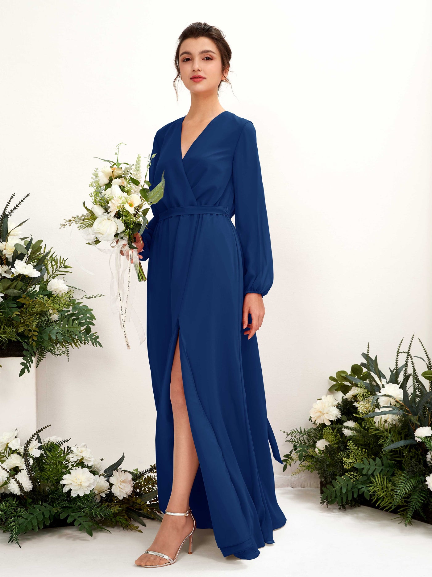 Carlyna Robe trapèze col V manches longues longueur ras du sol demoiselle d'honneur Bleu Roi #couleur_bleu-roi