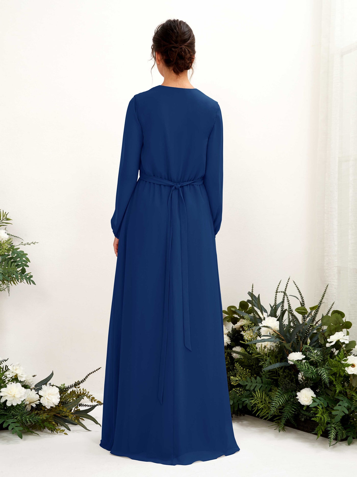 Carlyna Robe trapèze col V manches longues longueur ras du sol demoiselle d'honneur Bleu Roi #couleur_bleu-roi