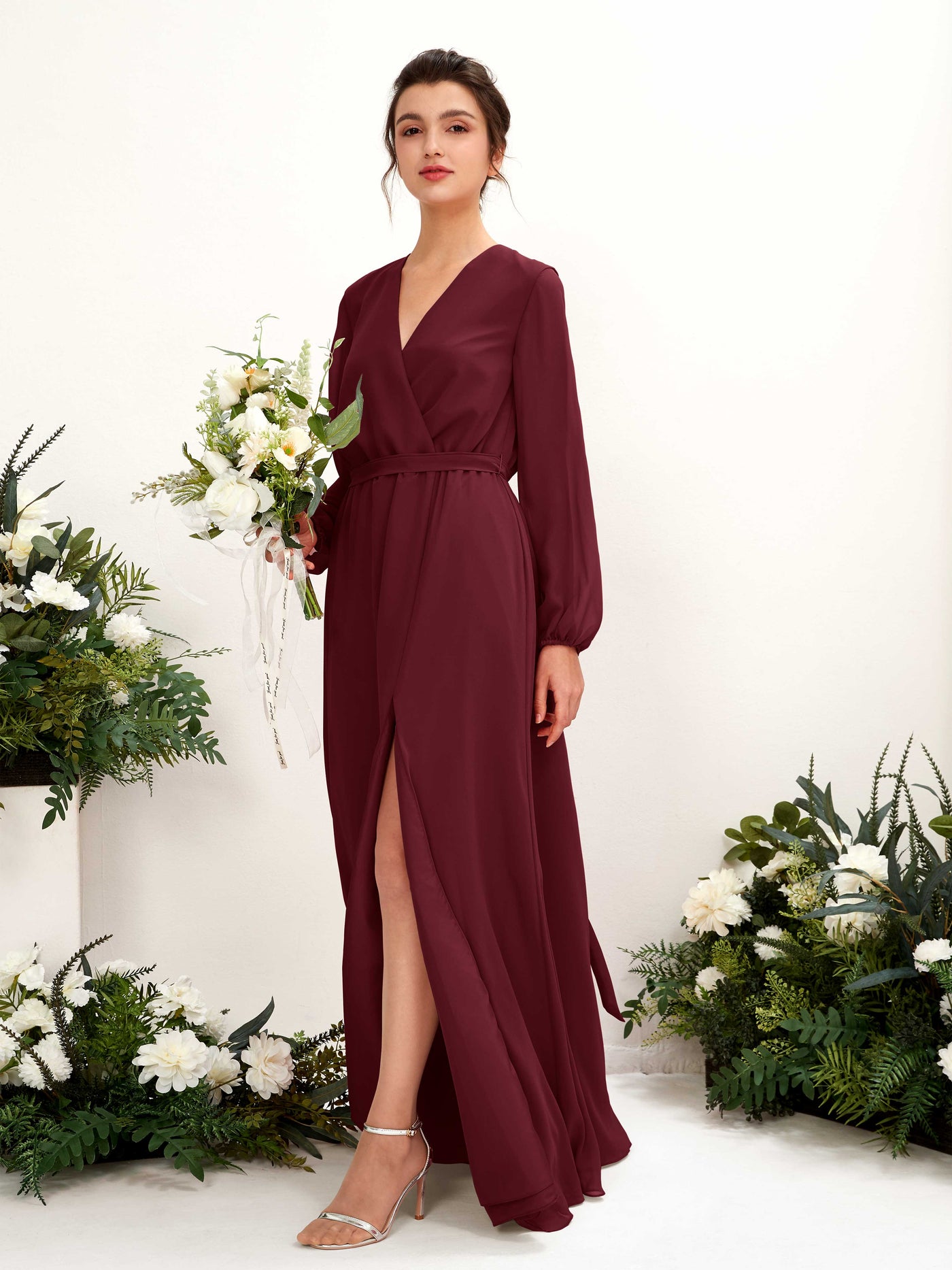 Carlyna Robe trapèze col V manches longues longueur ras du sol demoiselle d'honneur Bordeaux #couleur_bordeaux
