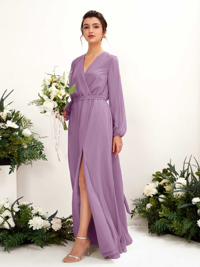 Carlyna Robe trapèze col V manches longues longueur ras du sol demoiselle d'honneur Brume Orchidée #couleur_brume-orchid-e