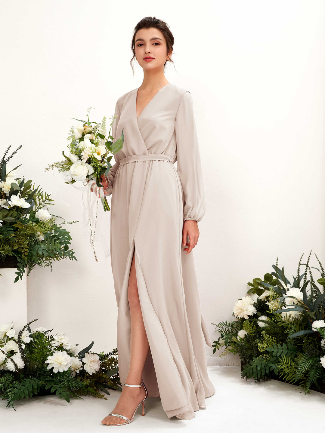 Carlyna Robe trapèze col V manches longues longueur ras du sol demoiselle d&