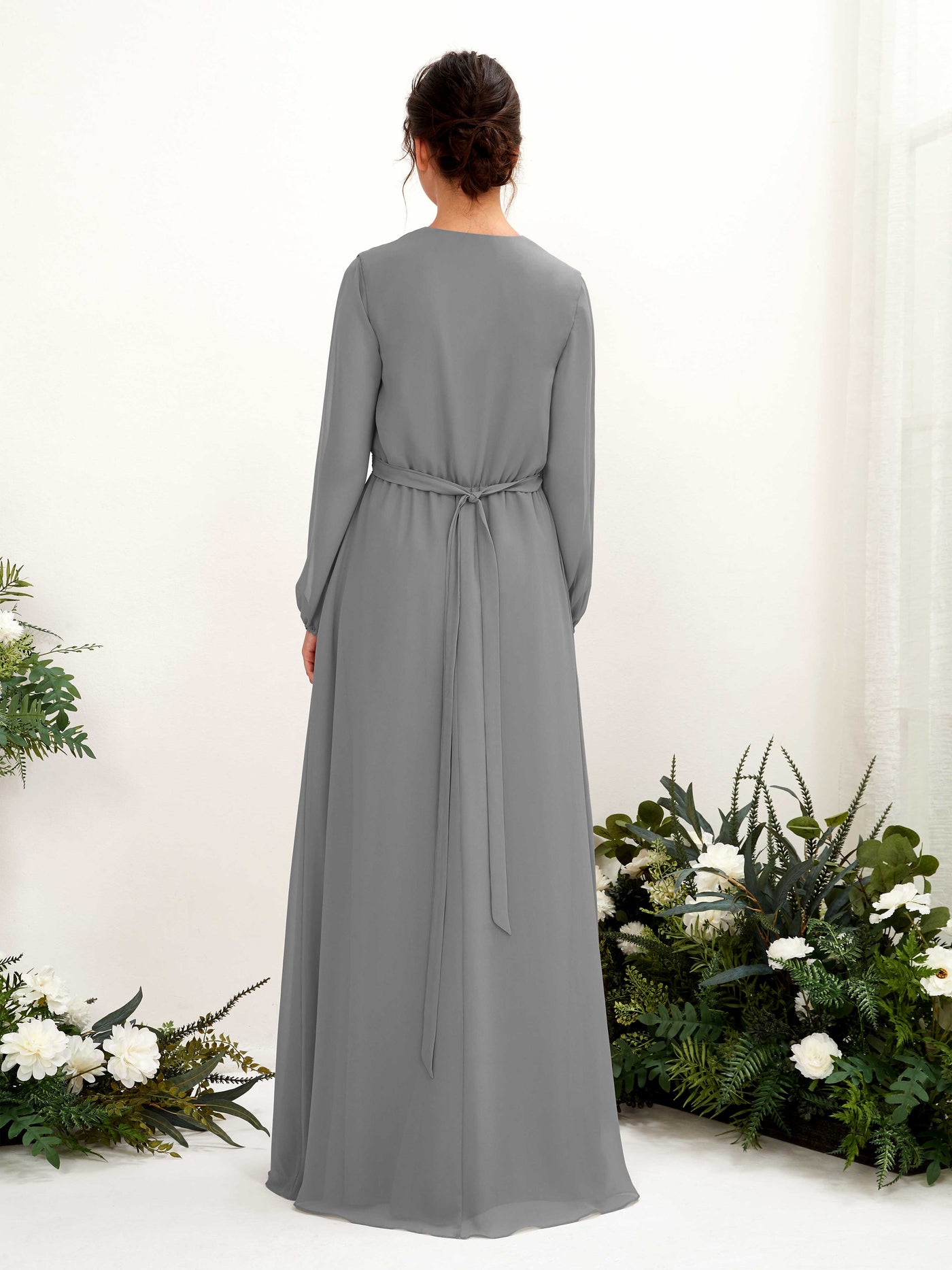 Carlyna Robe trapèze col V manches longues longueur ras du sol demoiselle d'honneur Gris Acier #couleur_gris-acier