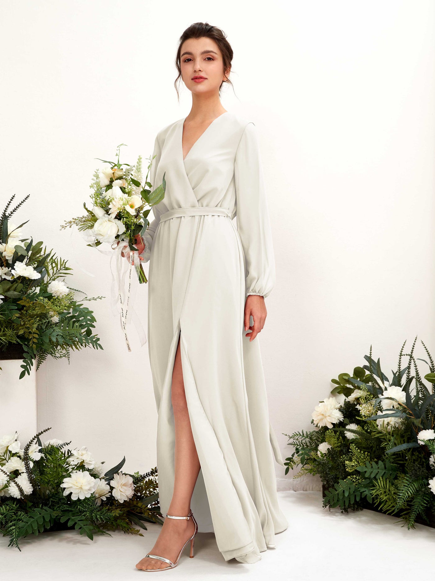 Carlyna Robe trapèze col V manches longues longueur ras du sol demoiselle d'honneur Ivoire #couleur_ivoire