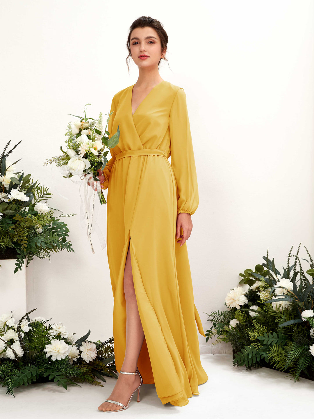 Carlyna Robe trapèze col V manches longues longueur ras du sol demoiselle d&