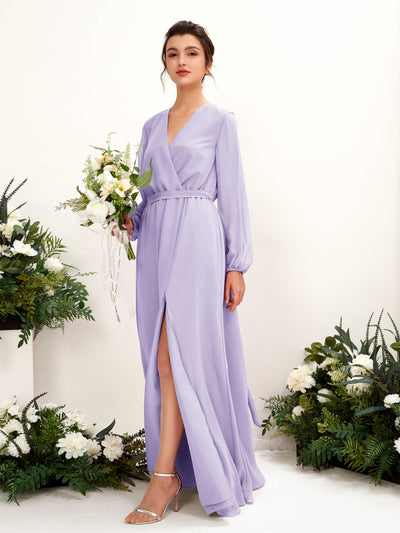 Carlyna Robe trapèze col V manches longues longueur ras du sol demoiselle d'honneur Lilas #couleur_lilas