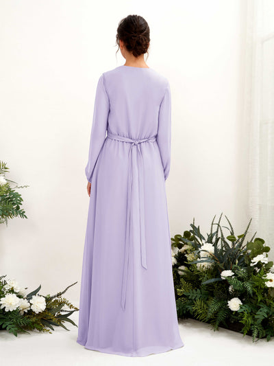Carlyna Robe trapèze col V manches longues longueur ras du sol demoiselle d'honneur Lilas #couleur_lilas