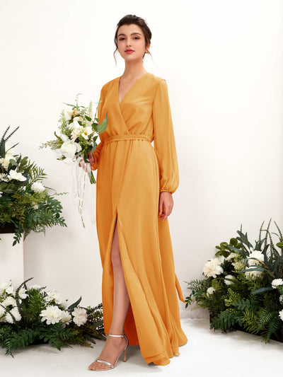 Carlyna Robe trapèze col V manches longues longueur ras du sol demoiselle d'honneur Mangue #couleur_mangue