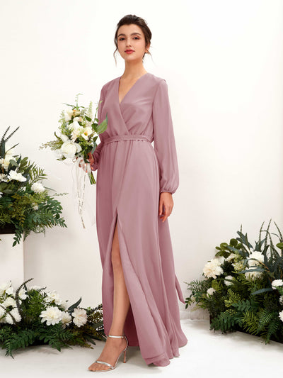 Carlyna Robe trapèze col V manches longues longueur ras du sol demoiselle d'honneur Mauve Vintage #couleur_mauve-vintage