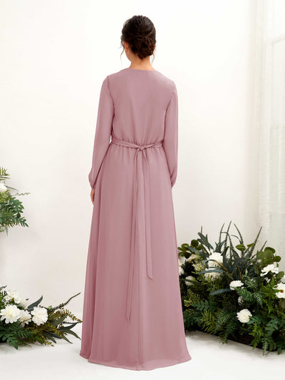 Carlyna Robe trapèze col V manches longues longueur ras du sol demoiselle d'honneur Mauve Vintage #couleur_mauve-vintage