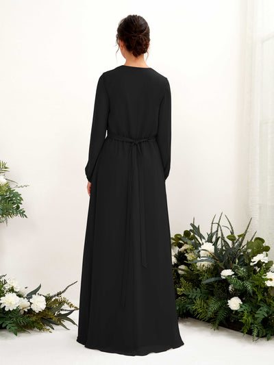 Carlyna Robe trapèze col V manches longues longueur ras du sol demoiselle d'honneur Noir #couleur_noir