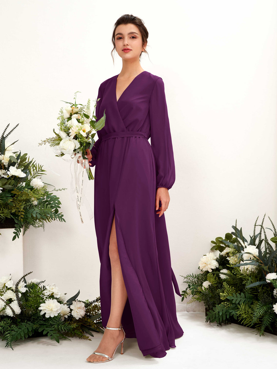 Carlyna Robe trapèze col V manches longues longueur ras du sol demoiselle d&