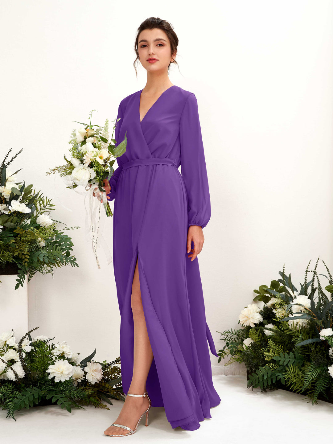 Carlyna Robe trapèze col V manches longues longueur ras du sol demoiselle d&