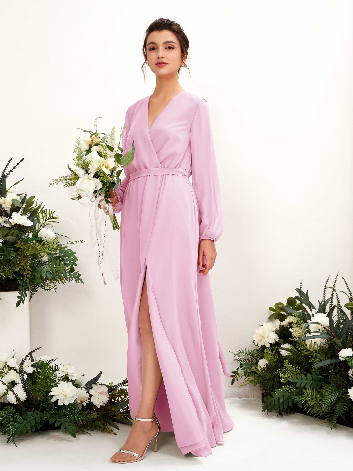 Carlyna Robe trapèze col V manches longues longueur ras du sol demoiselle d'honneur Rose Bonbon #couleur_rose-bonbon
