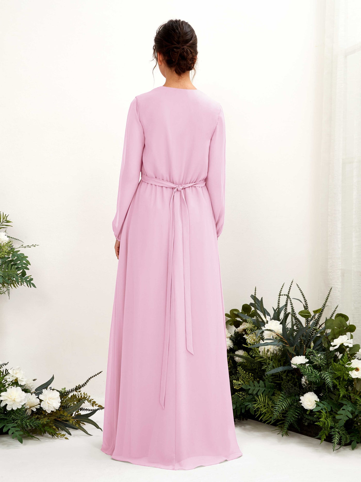 Carlyna Robe trapèze col V manches longues longueur ras du sol demoiselle d'honneur Rose Bonbon #couleur_rose-bonbon