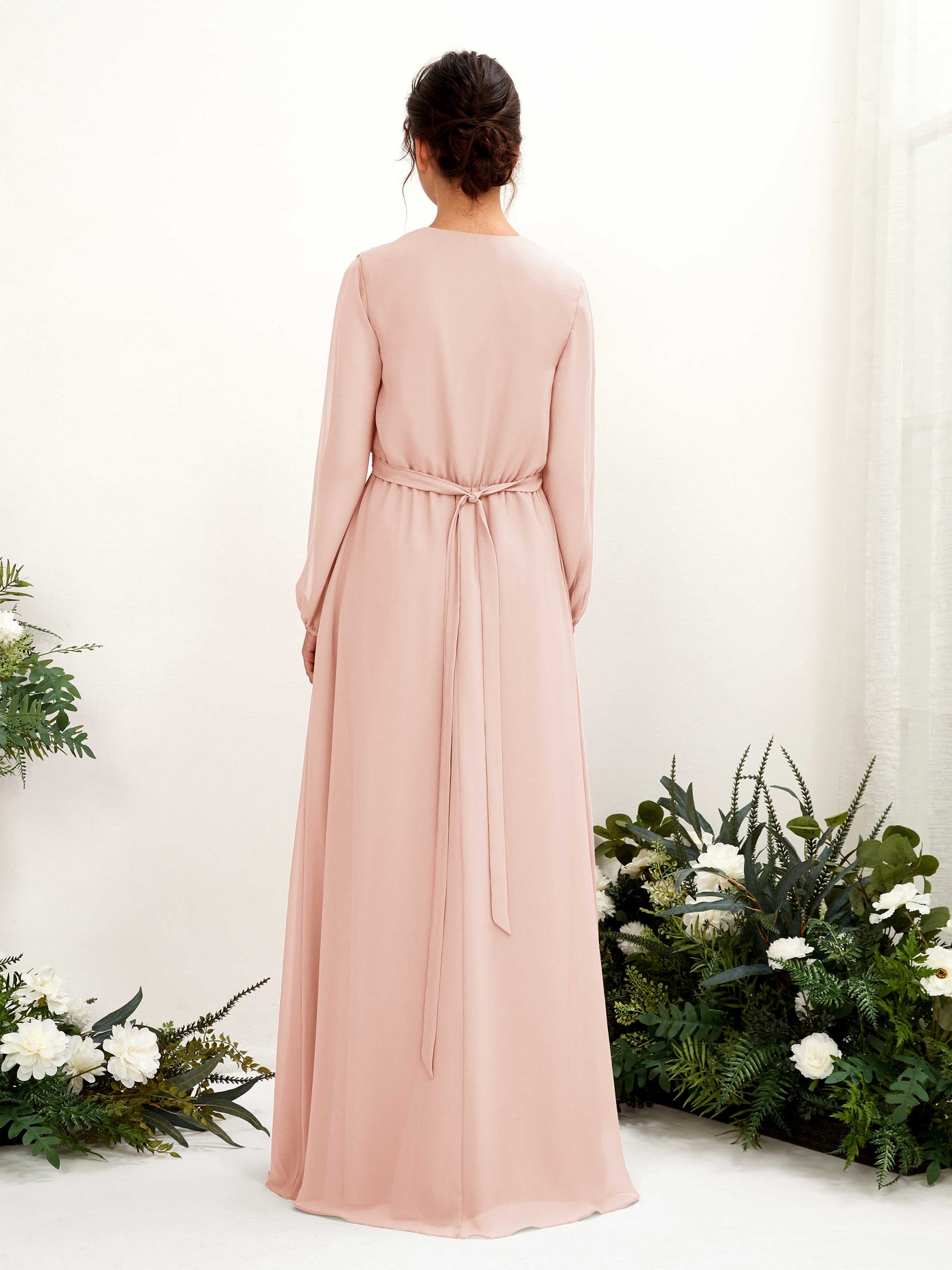 Carlyna Robe trapèze col V manches longues longueur ras du sol demoiselle d'honneur Rose Perle #couleur_rose-perle