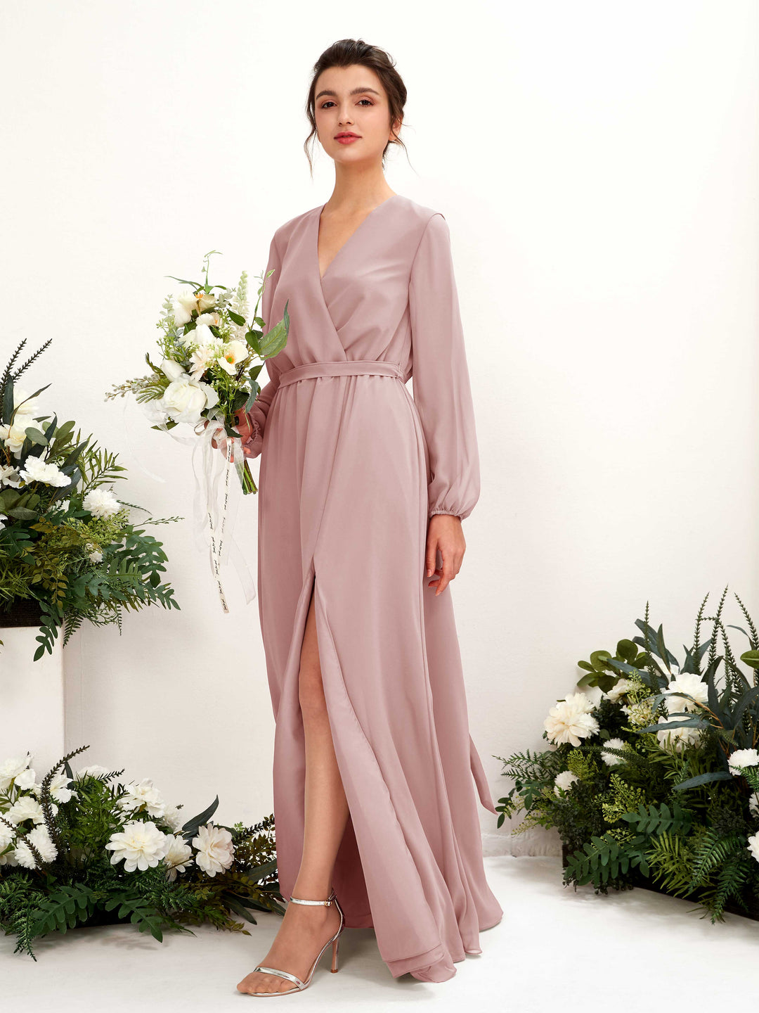 Carlyna Robe trapèze col V manches longues longueur ras du sol demoiselle d&