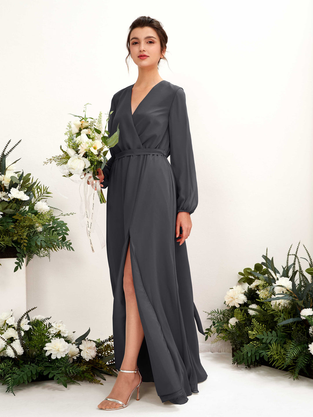 Carlyna Robe trapèze col V manches longues longueur ras du sol demoiselle d&