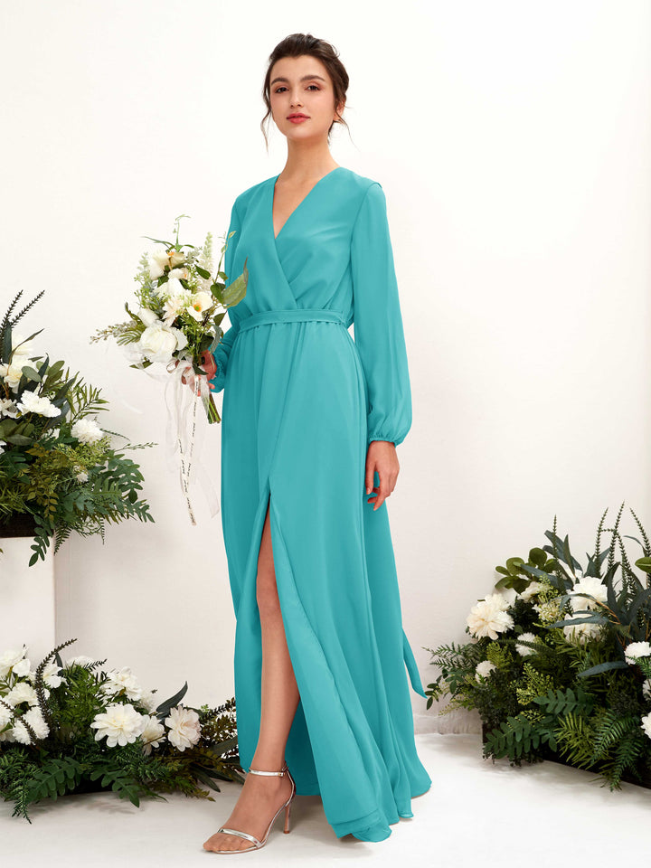 Carlyna Robe trapèze col V manches longues longueur ras du sol demoiselle d&