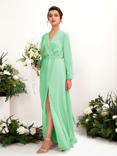 Carlyna Robe trapèze col V manches longues longueur ras du sol demoiselle d'honneur Vert Menthe #couleur_vert-menthe