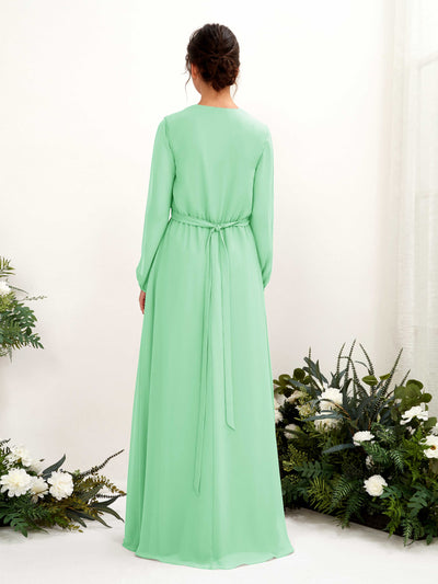 Carlyna Robe trapèze col V manches longues longueur ras du sol demoiselle d'honneur Vert Menthe #couleur_vert-menthe
