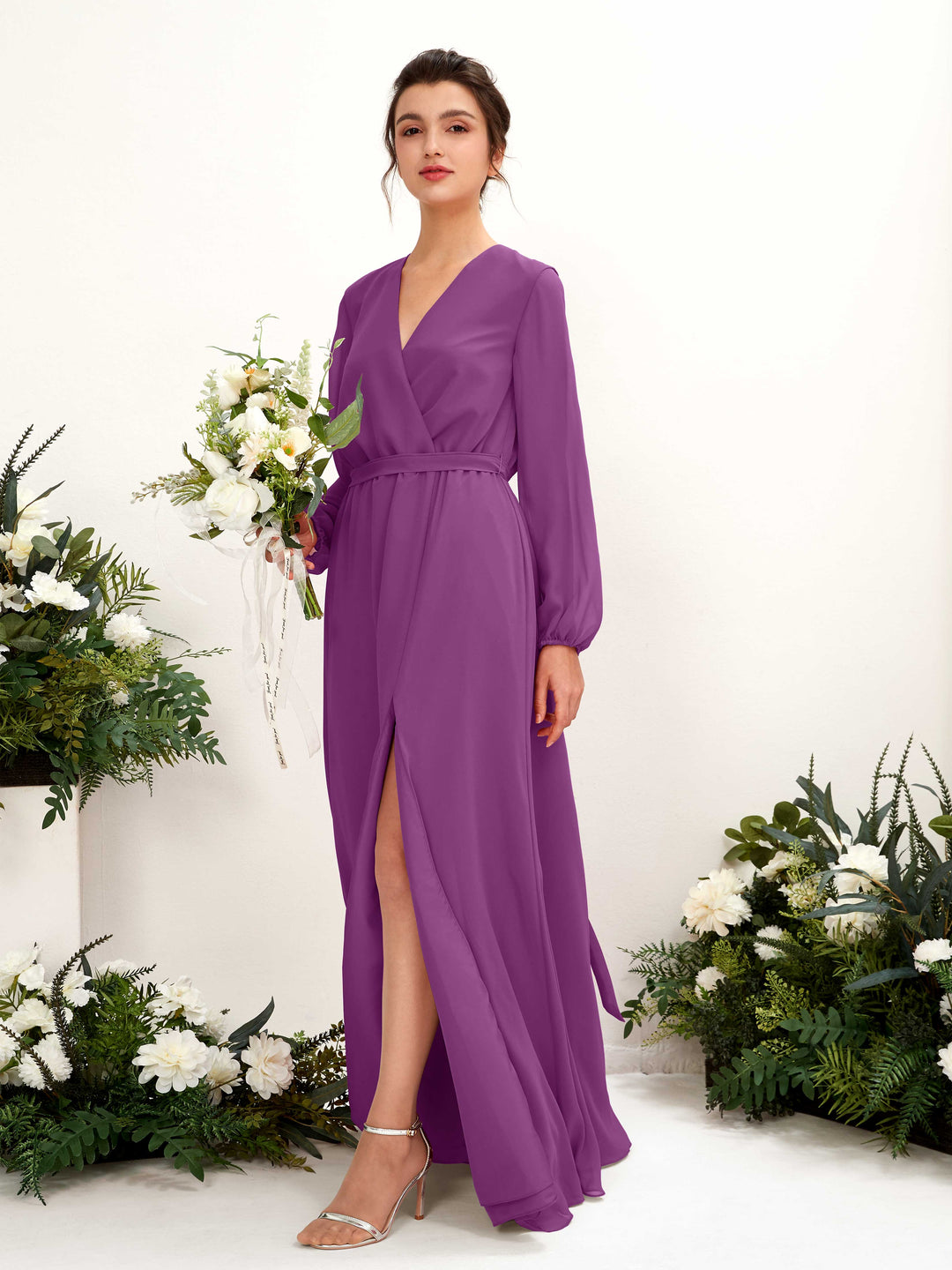 Carlyna Robe trapèze col V manches longues longueur ras du sol demoiselle d&