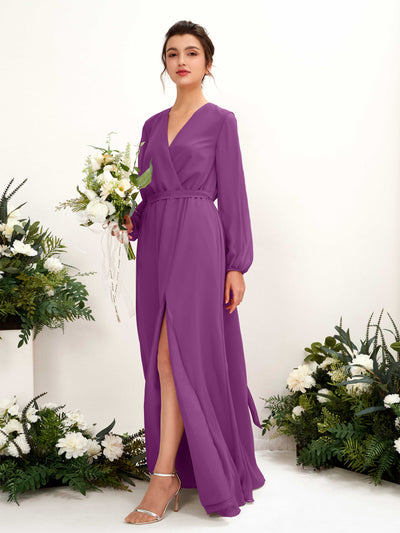 Carlyna Robe trapèze col V manches longues longueur ras du sol demoiselle d'honneur Violet #couleur_violet