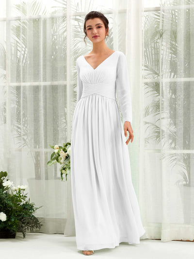 Carlyna Robe trapèze Col V Manches longues longueur sol demoiselle d'honneur Blanc #couleur_blanc