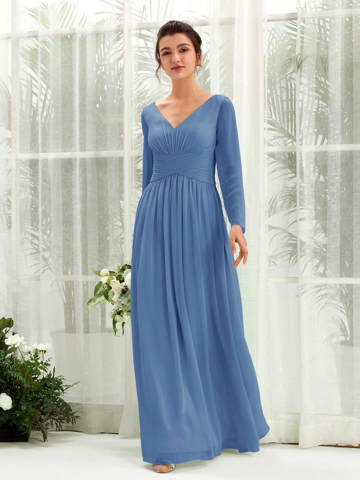 Carlyna Robe trapèze Col V Manches longues longueur sol demoiselle d&