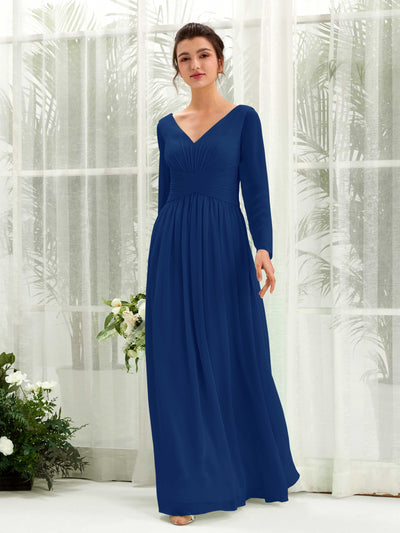 Carlyna Robe trapèze Col V Manches longues longueur sol demoiselle d'honneur Bleu Roi #couleur_bleu-roi