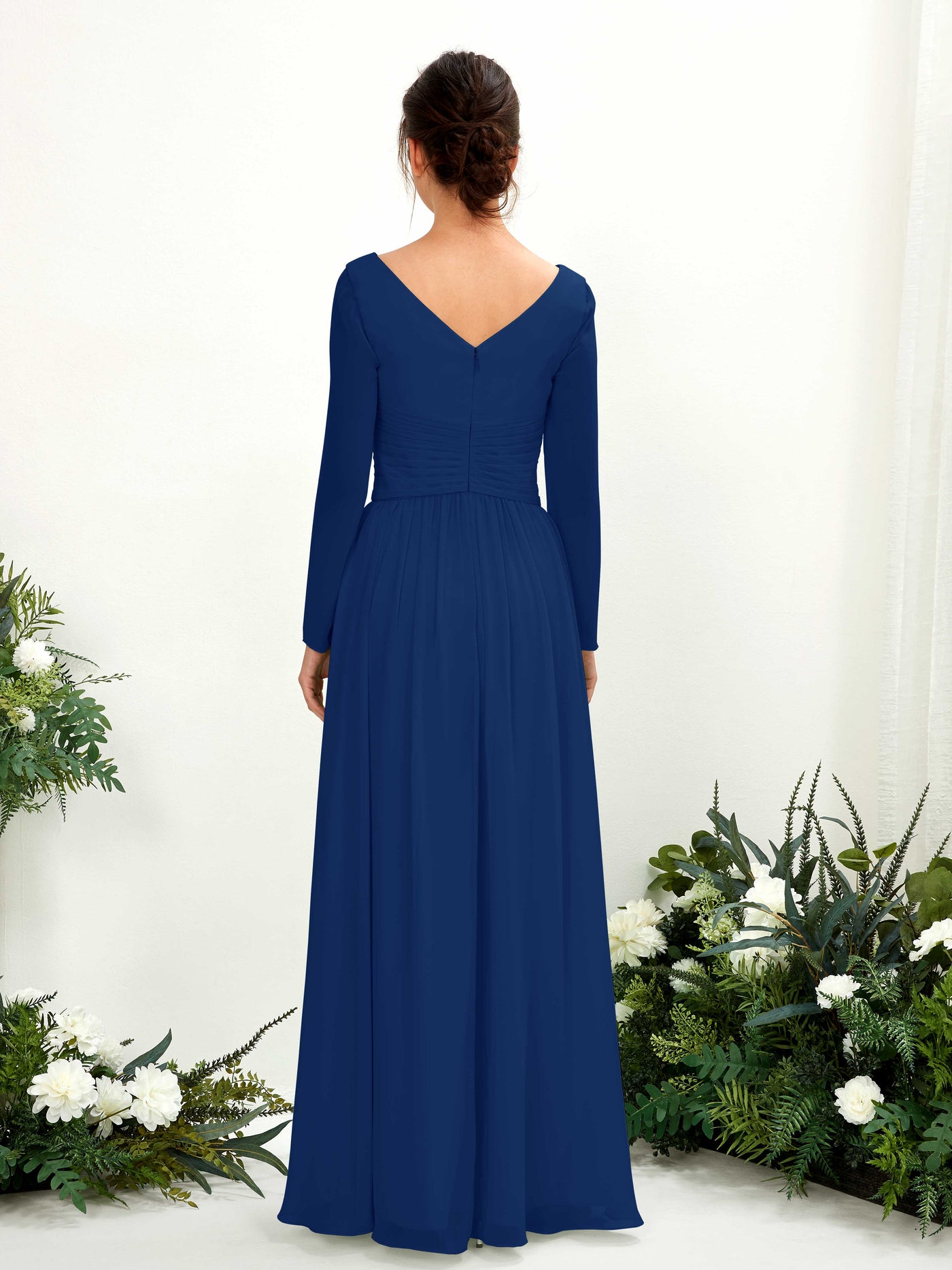 Carlyna Robe trapèze Col V Manches longues longueur sol demoiselle d'honneur Bleu Roi #couleur_bleu-roi