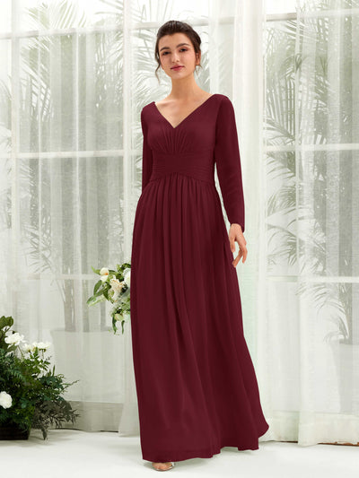 Carlyna Robe trapèze Col V Manches longues longueur sol demoiselle d'honneur Bordeaux #couleur_bordeaux