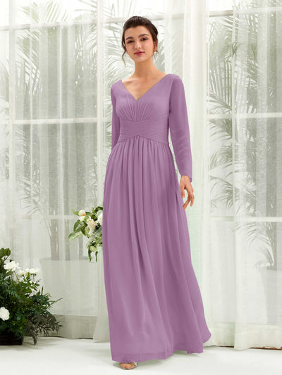 Carlyna Robe trapèze Col V Manches longues longueur sol demoiselle d'honneur Brume Orchidée #couleur_brume-orchid-e