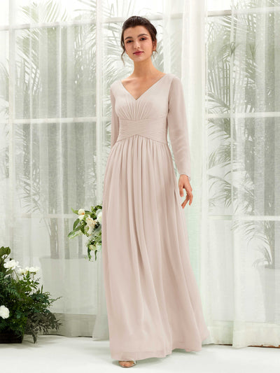 Carlyna Robe trapèze Col V Manches longues longueur sol demoiselle d'honneur Champagne #couleur_champagne