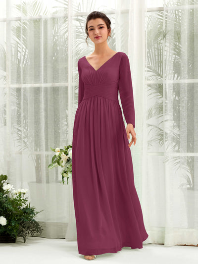 Carlyna Robe trapèze Col V Manches longues longueur sol demoiselle d'honneur Chianti #couleur_chianti