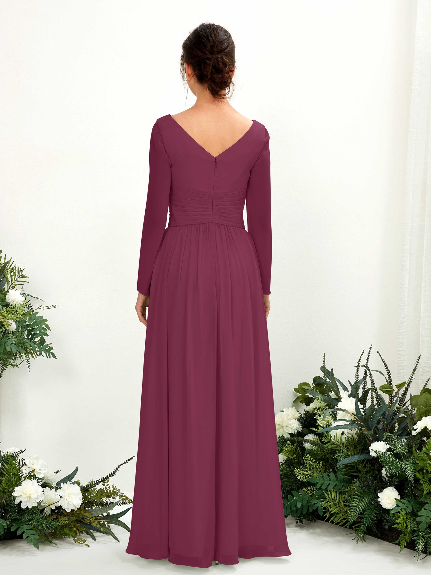 Carlyna Robe trapèze Col V Manches longues longueur sol demoiselle d'honneur Chianti #couleur_chianti