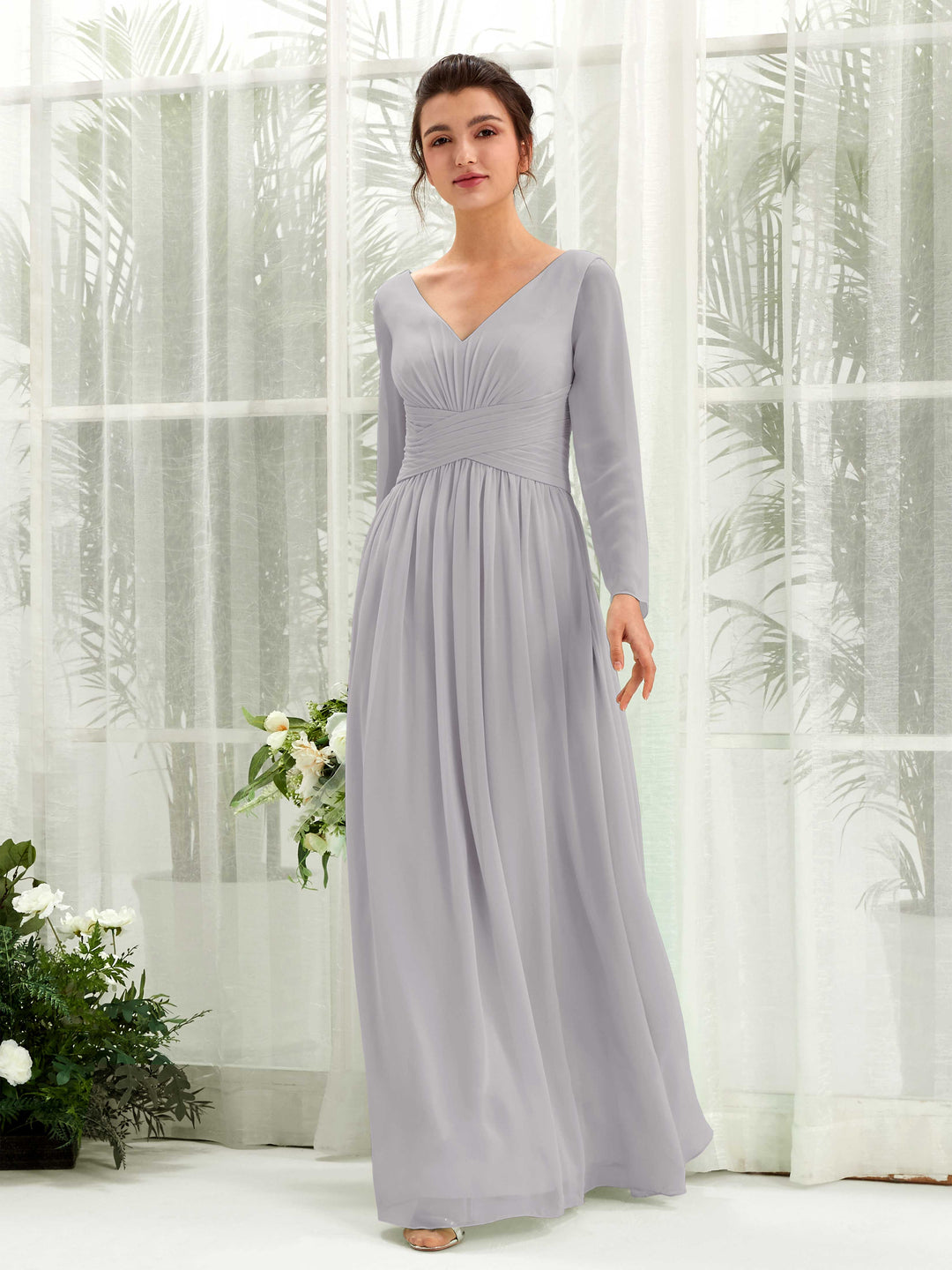 Carlyna Robe trapèze Col V Manches longues longueur sol demoiselle d&