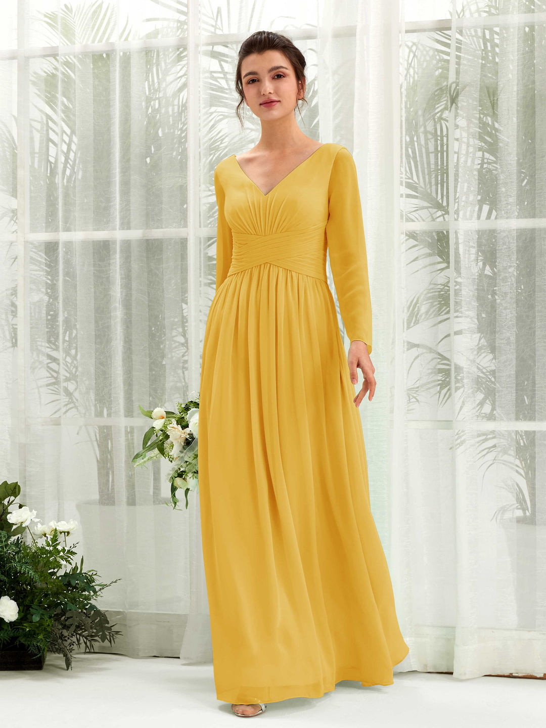 Carlyna Robe trapèze Col V Manches longues longueur sol demoiselle d&