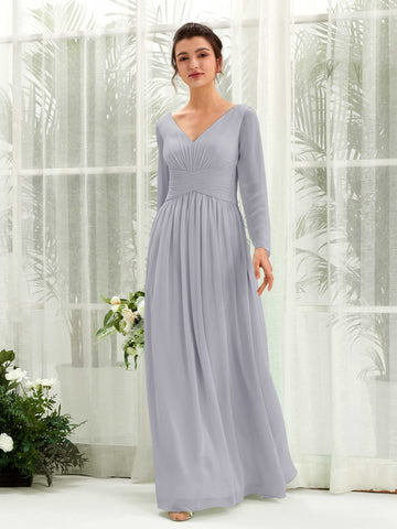Carlyna Robe trapèze Col V Manches longues longueur sol demoiselle d'honneur Lavande Poudrée #couleur_lavande-poudr-e