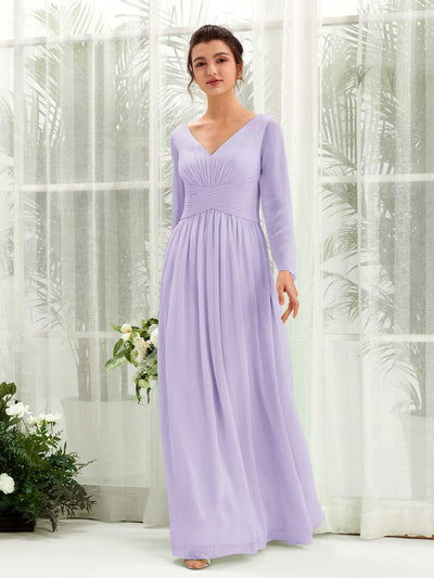 Carlyna Robe trapèze Col V Manches longues longueur sol demoiselle d'honneur Lilas #couleur_lilas