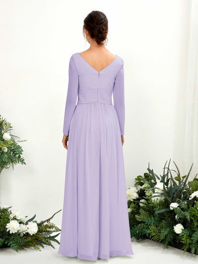 Carlyna Robe trapèze Col V Manches longues longueur sol demoiselle d'honneur Lilas #couleur_lilas