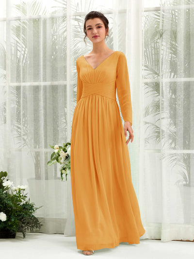 Carlyna Robe trapèze Col V Manches longues longueur sol demoiselle d'honneur Mangue #couleur_mangue