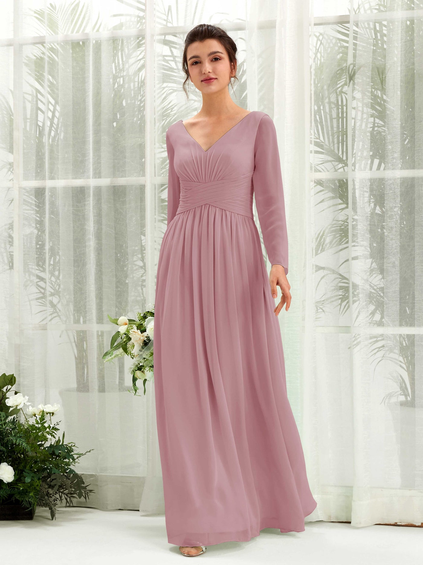 Carlyna Robe trapèze Col V Manches longues longueur sol demoiselle d'honneur Mauve Vintage #couleur_mauve-vintage
