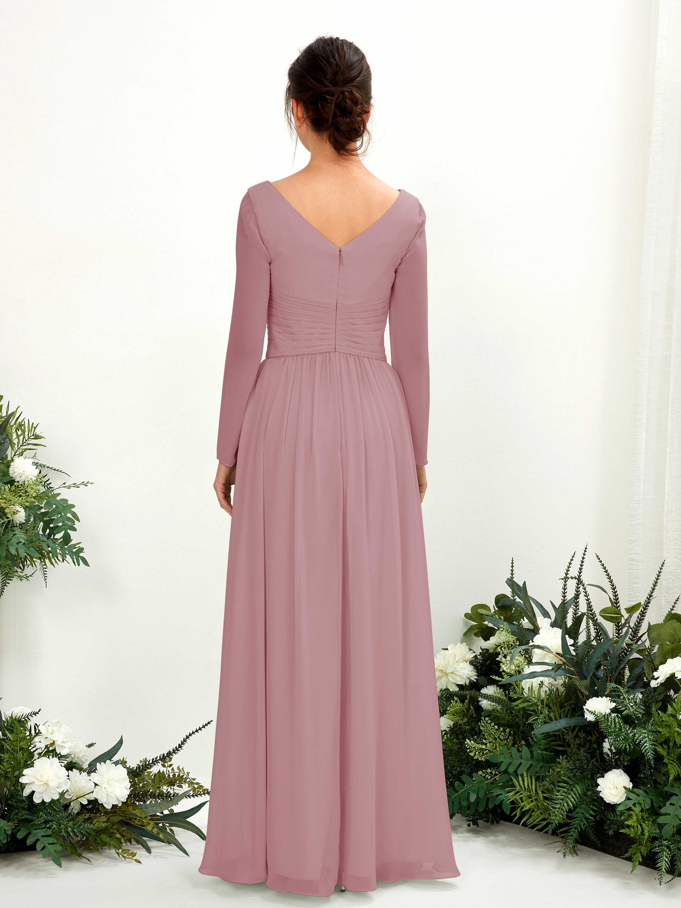 Carlyna Robe trapèze Col V Manches longues longueur sol demoiselle d'honneur Mauve Vintage #couleur_mauve-vintage